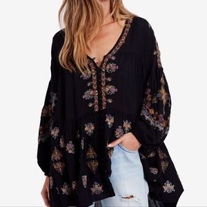 Free People Ariana Embroidered Tunic Black Floral M